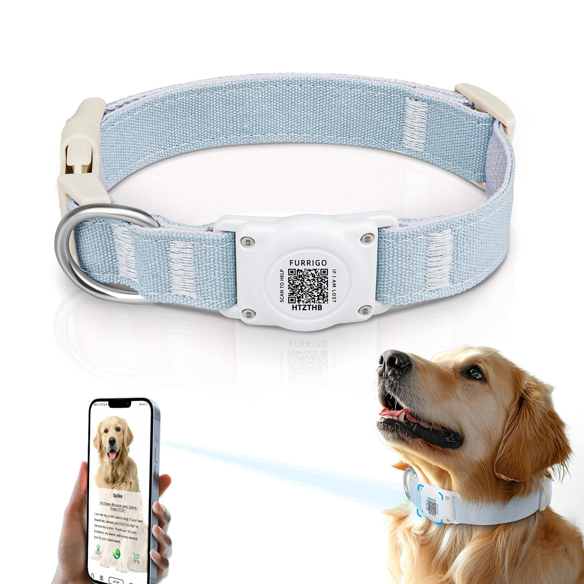 Furrigo Airtag Dog Collar blue side view, durable cotton-hemp for everyday comfort.
