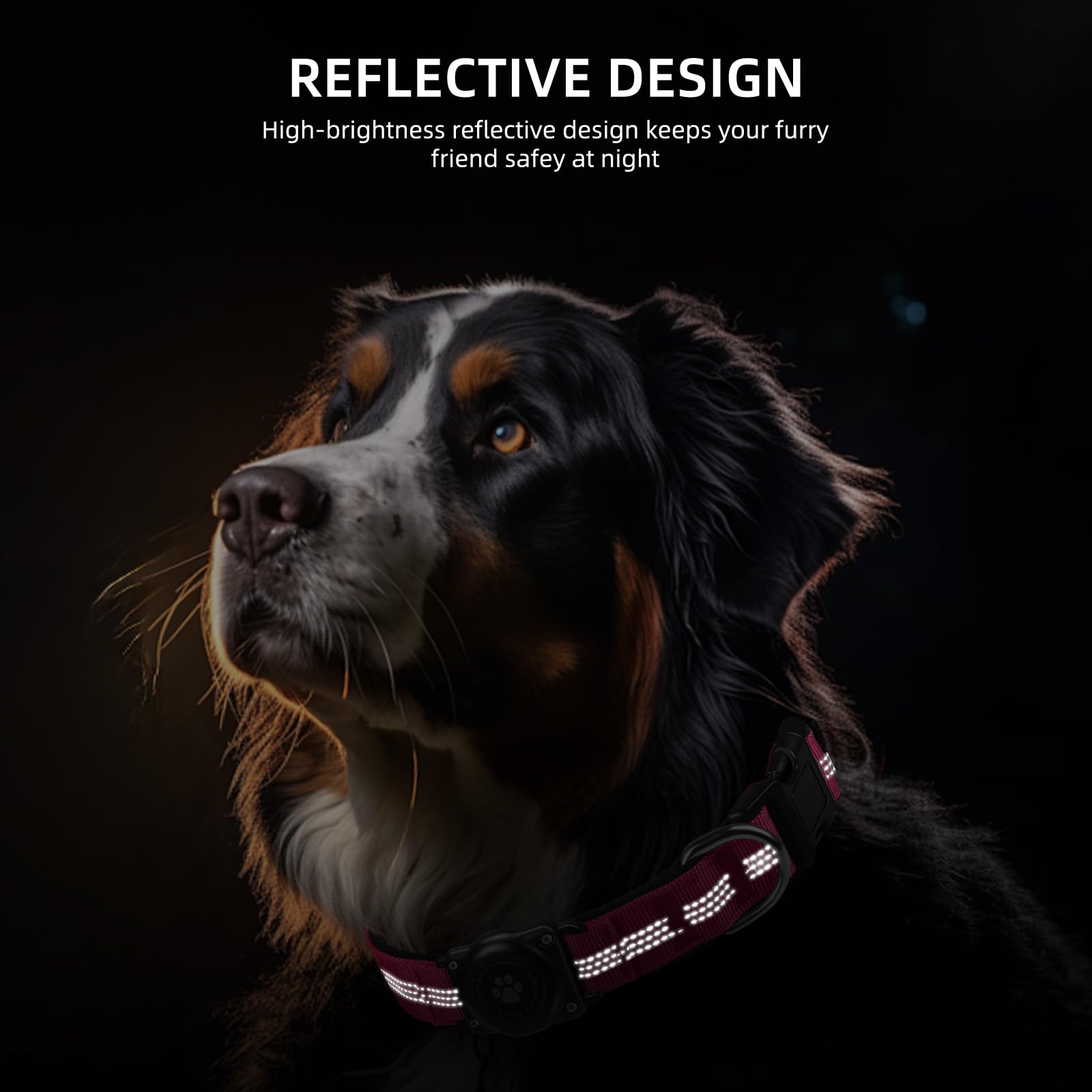 Furrigo AirTag Collar reflective stitching for safer nighttime walks.