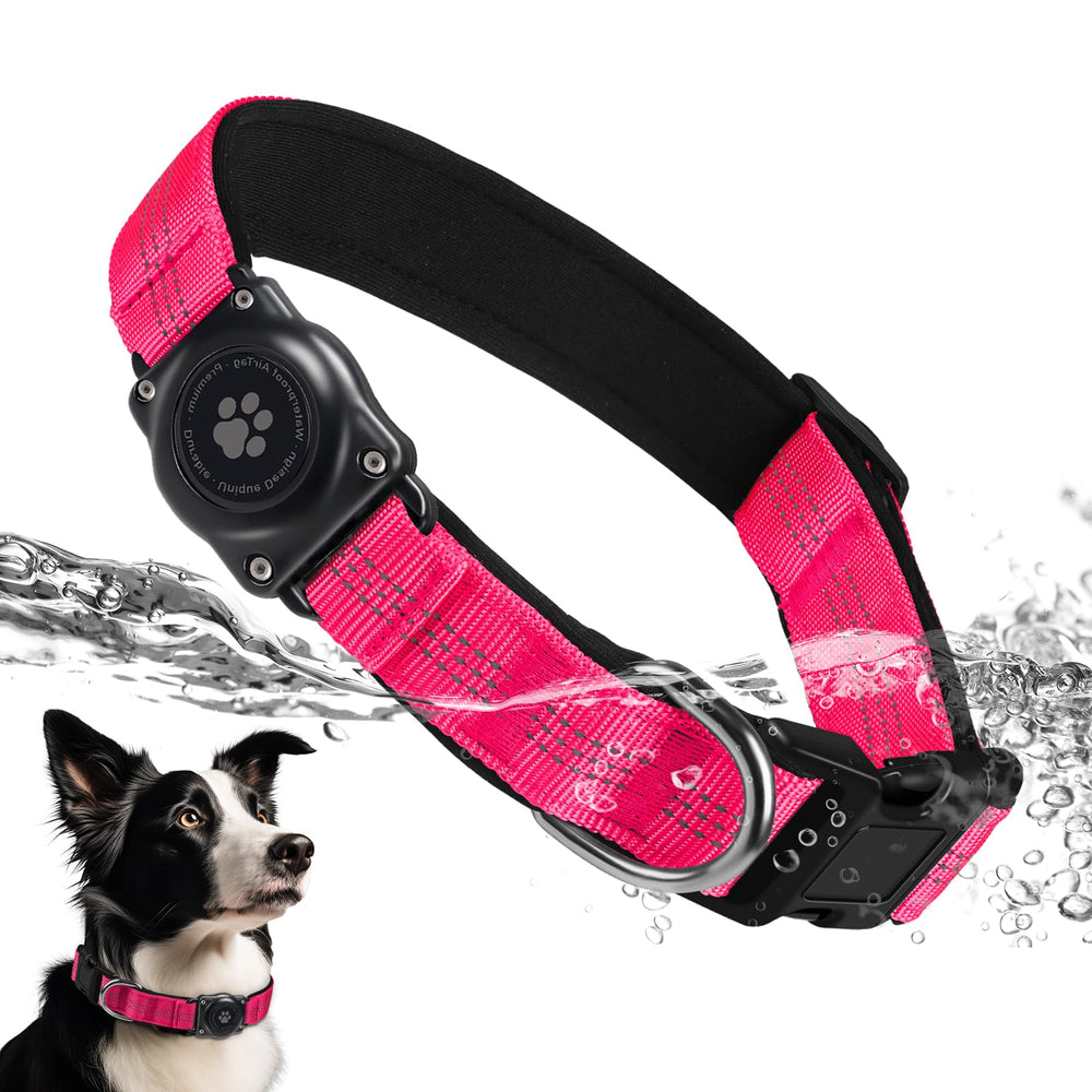 Furrigo Upgraded AirTag Dog Collar pink side view with integrated AirTag holder.