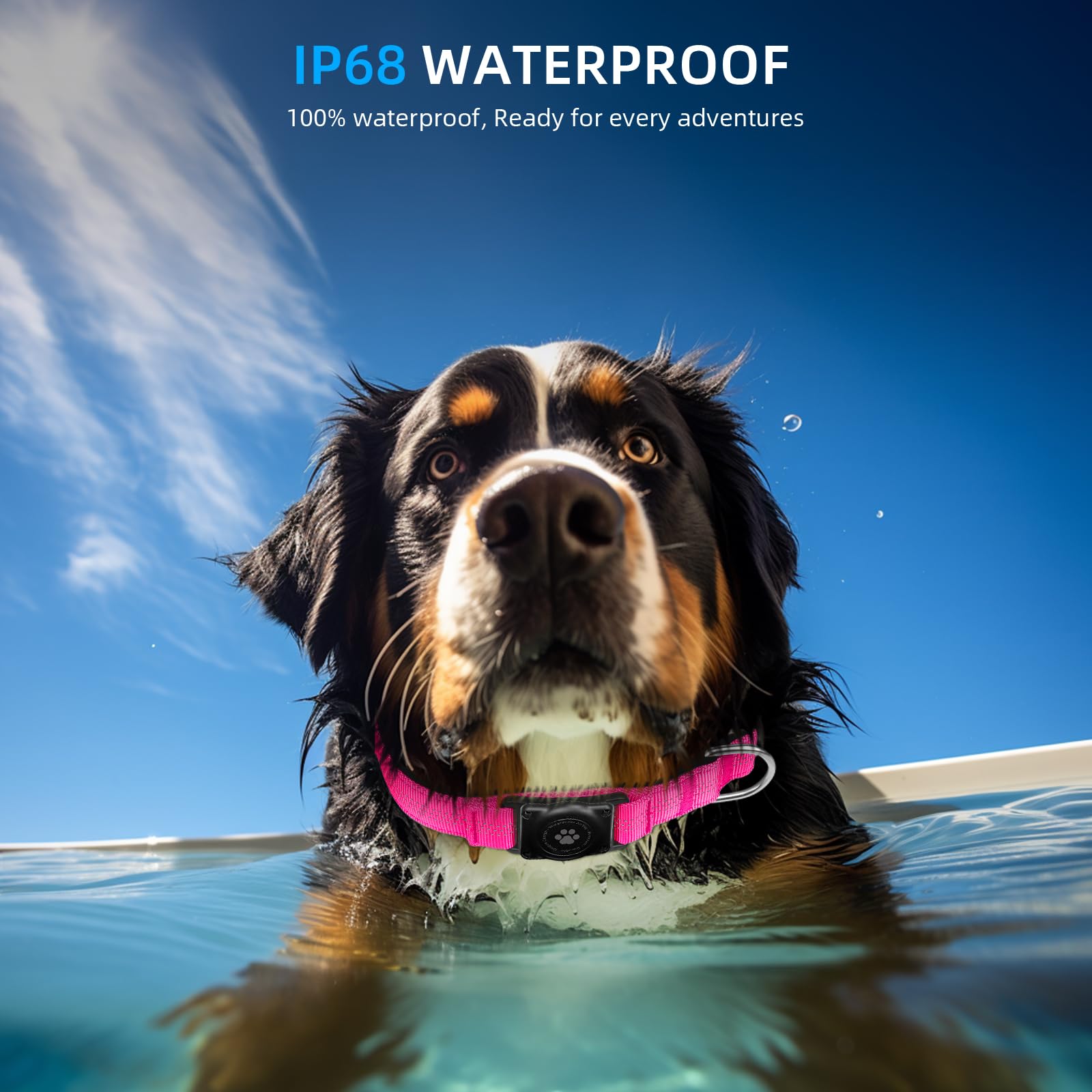 Furrigo AirTag Collar IP68 waterproof close-up shows rugged protection.