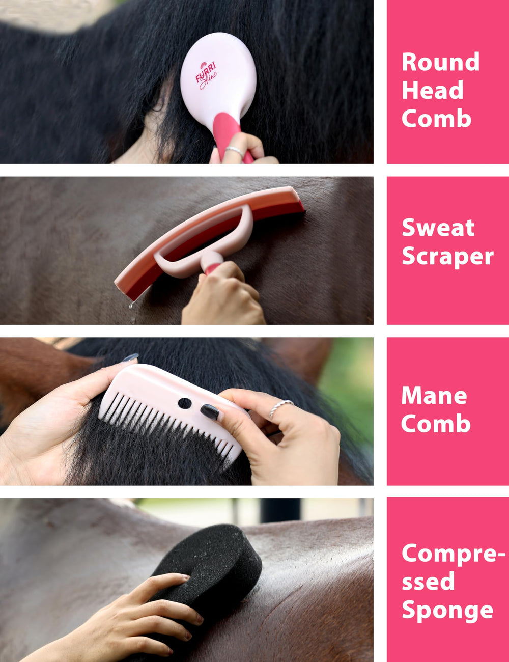 Furrishine-hoof-pick-brush in use for hoof cleaning.