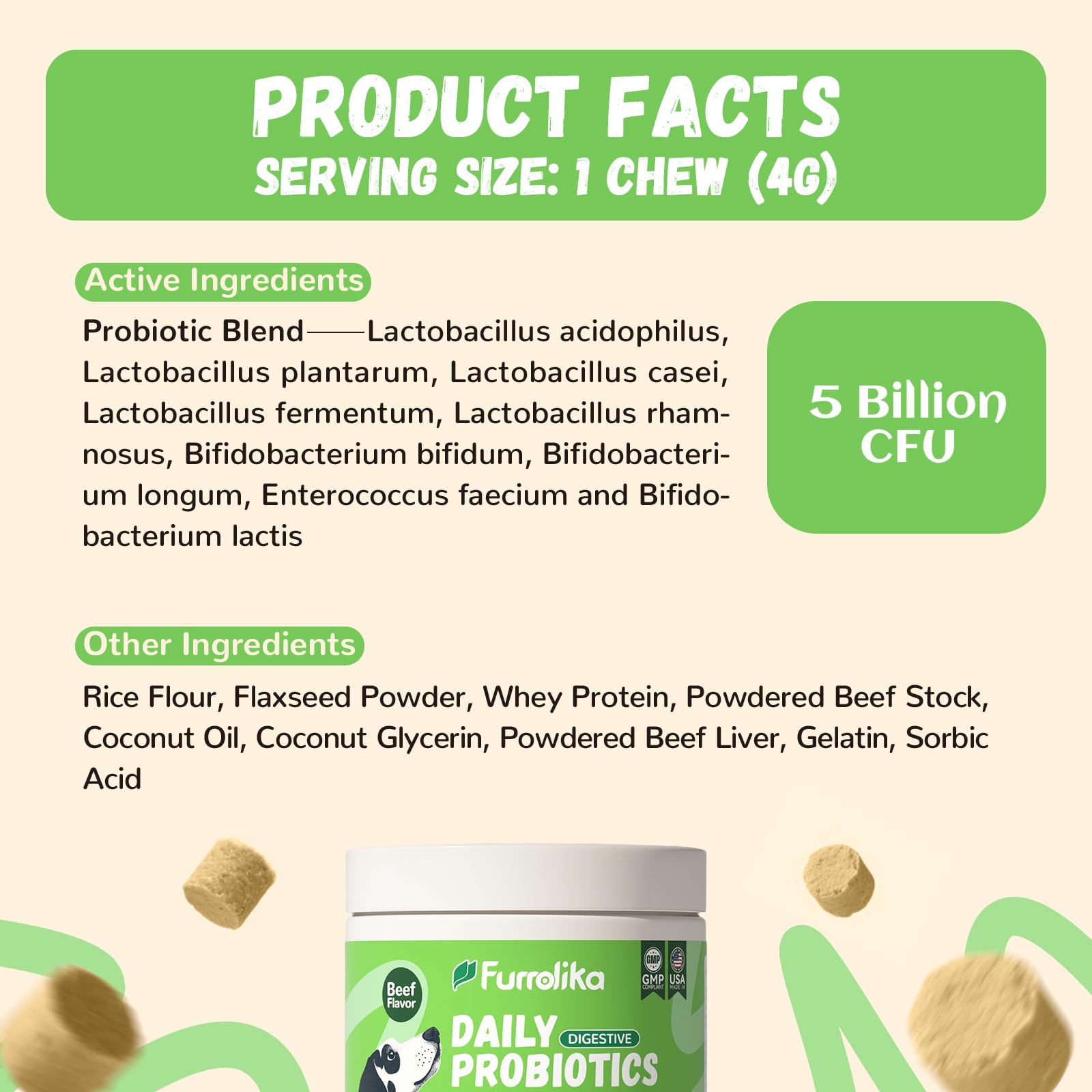 Furrolika Probiotics for Dogs 60-chews value-pack for daily care.