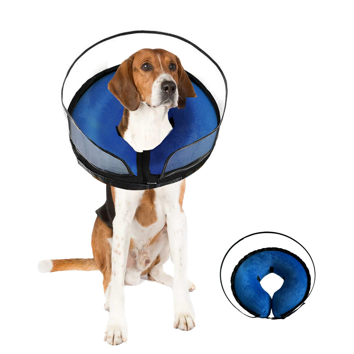 Furrtripsy inflatable surgery collar blue front view shows adjustable strap