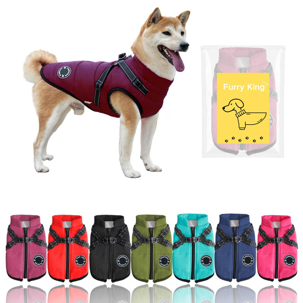 Furry King dog winter coat with harness worn in purple provides secure warmth during cold walks.