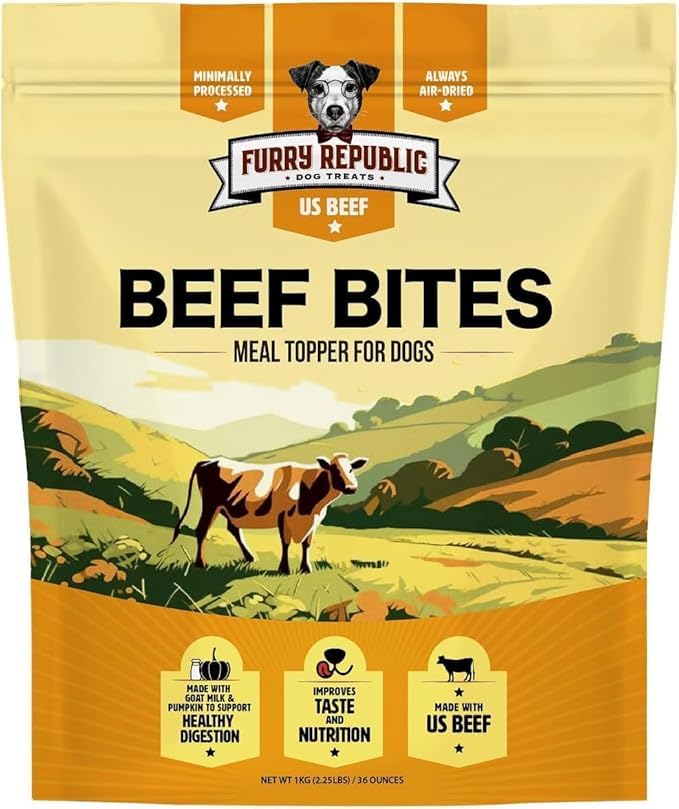 Furry Republic Beef Bites package front shows USA beef and goat milk ingredients for digestion-friendly meals.