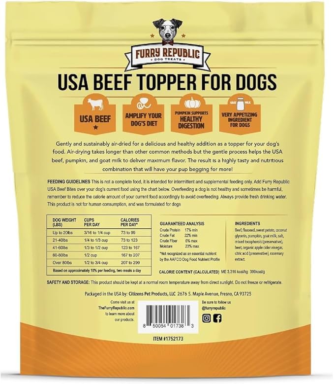 Furry Republic Beef Bites serving bowl highlights a tasty, minimally processed meal topper for dogs.