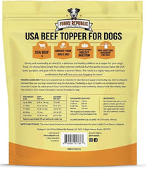 Furry Republic Beef Bites serving bowl highlights a tasty, minimally processed meal topper for dogs.