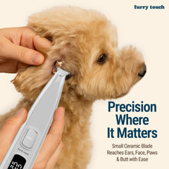 Furry Touch paw trimmer in use on a paw for gentle trimming.