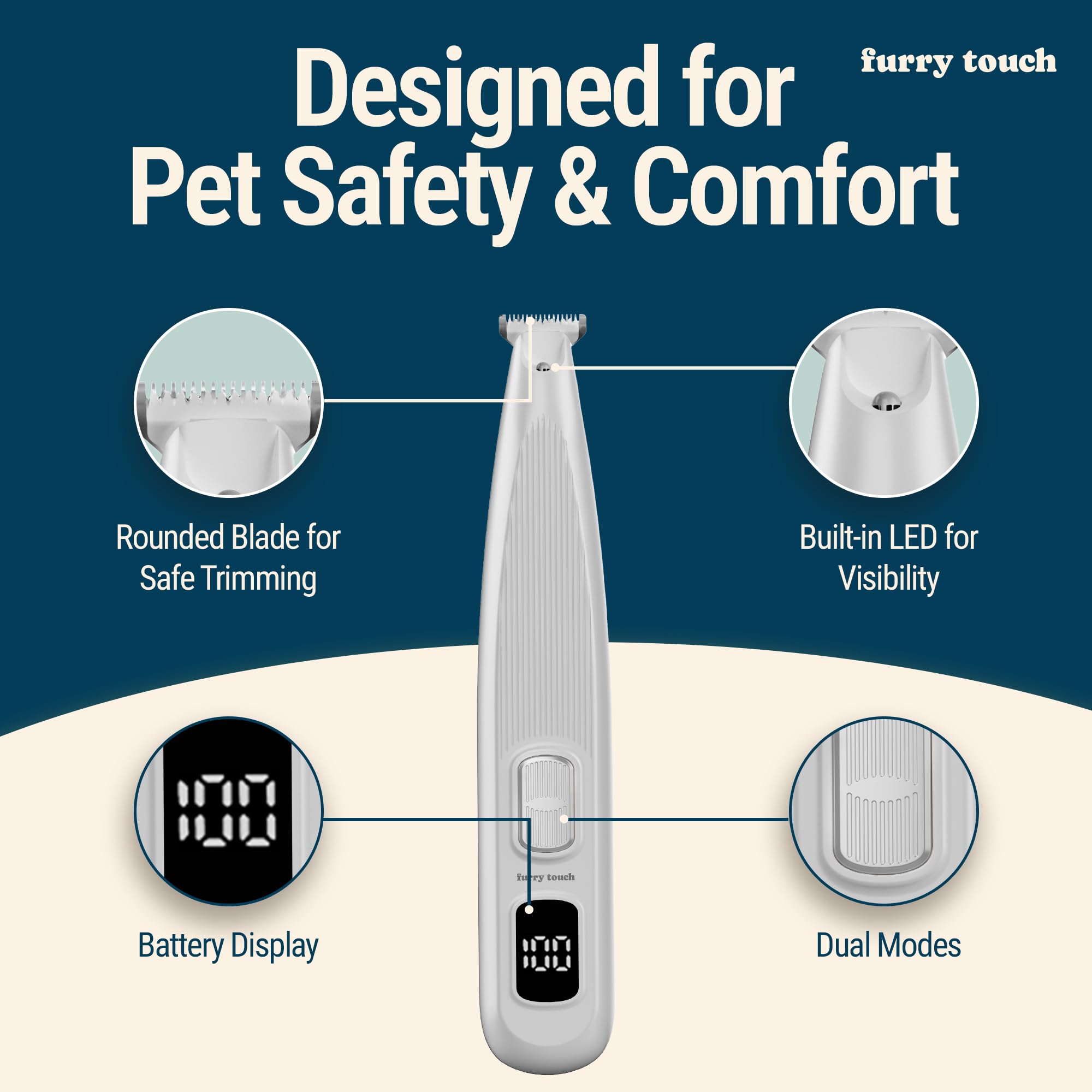 Furry Touch paw trimmer LED indicator showing battery life during use.
