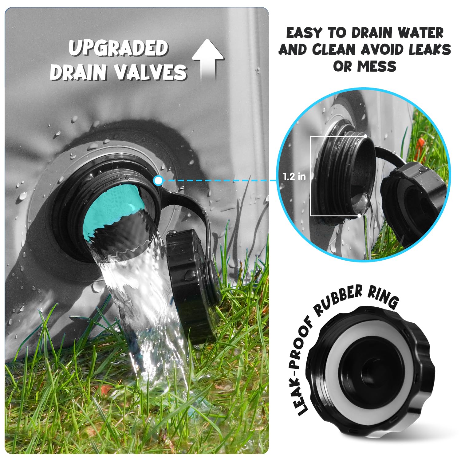 Furrybaby drain hole quick-release feature demonstrates fast water release after splash time