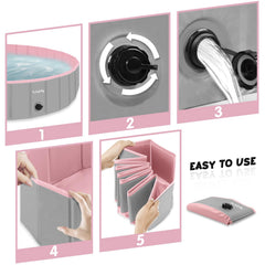 Furrybaby pool inside pink-gray highlights inviting interior for bath time.