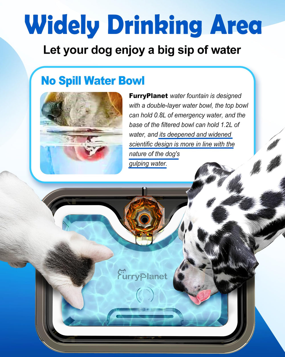 FurryPlanet large-dog water fountain low-water-indicator helps prevent dry-burn by signaling refill.