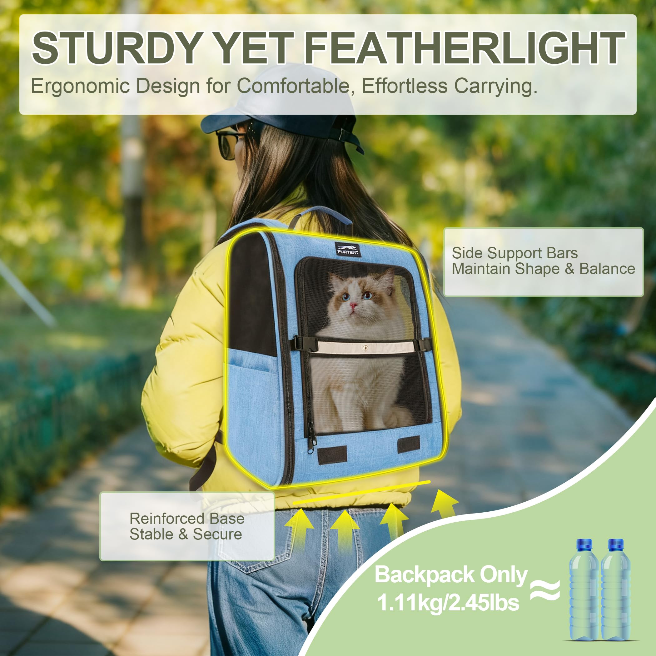 Furtent cat backpack carrier reflective strip improves visibility in low light.