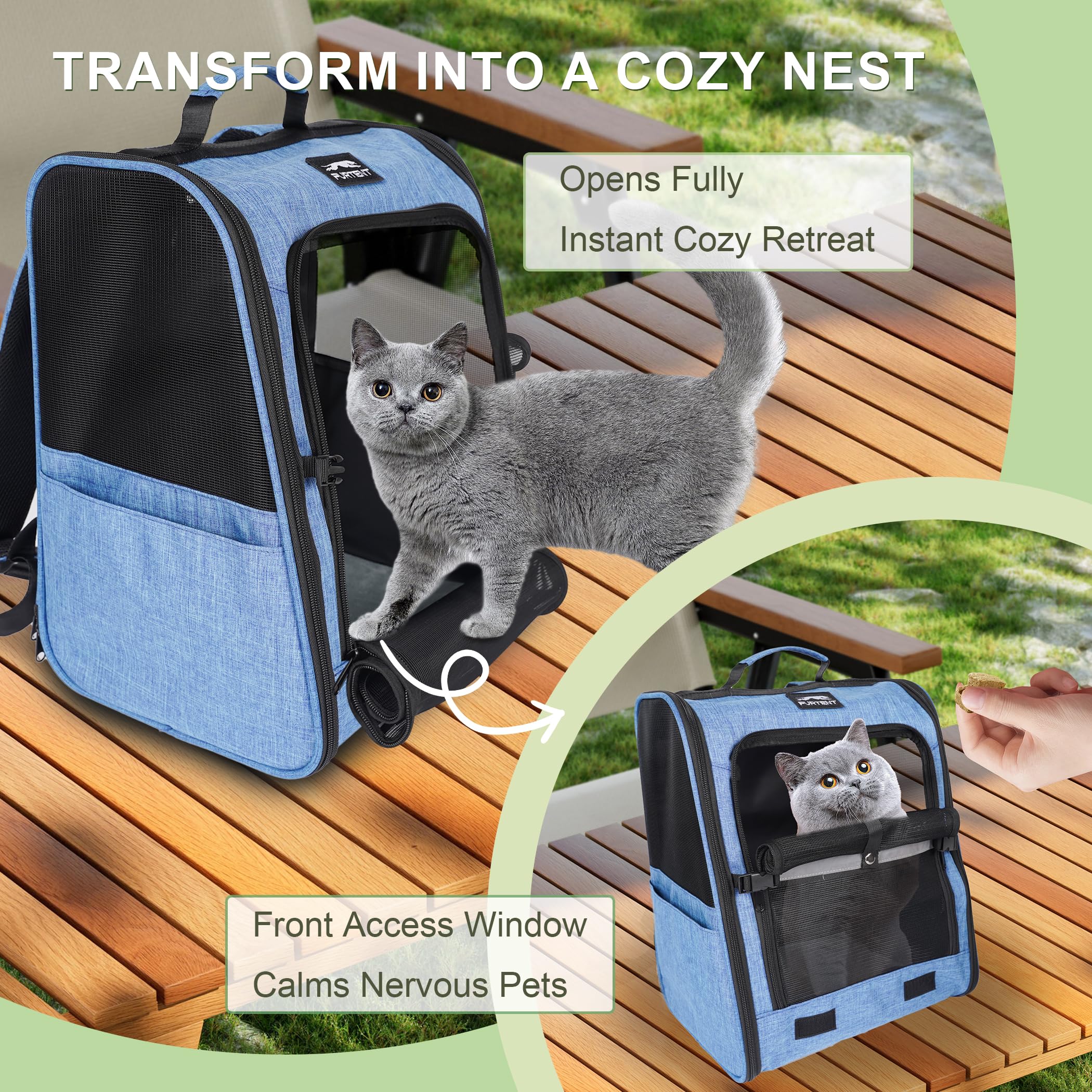 Furtent cat backpack carrier side pockets store treats and essentials.