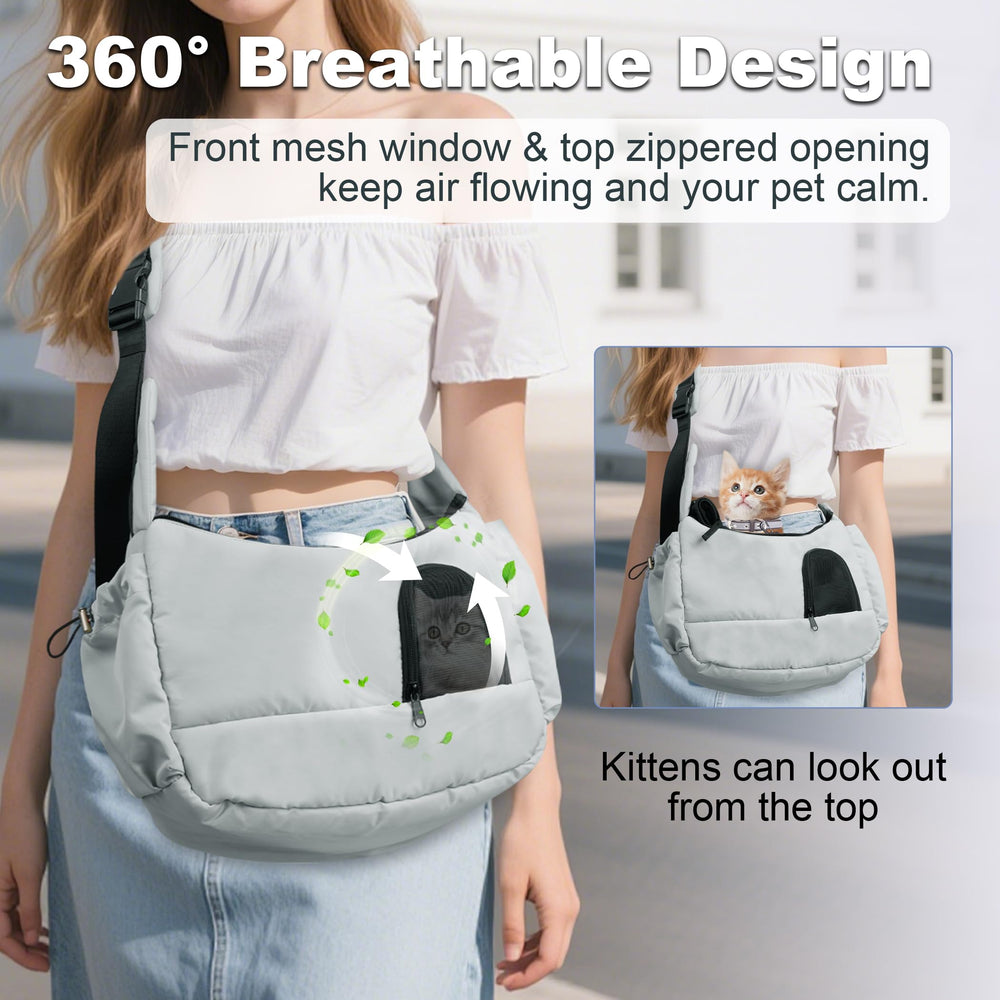 Furtent cat sling breathable-mesh-front keeps your pet cool during quick trips.