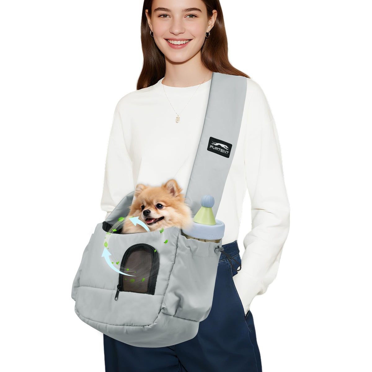 Furtent dog sling shoulder-strap delivers cushioned comfort and reduces shoulder pressure.
