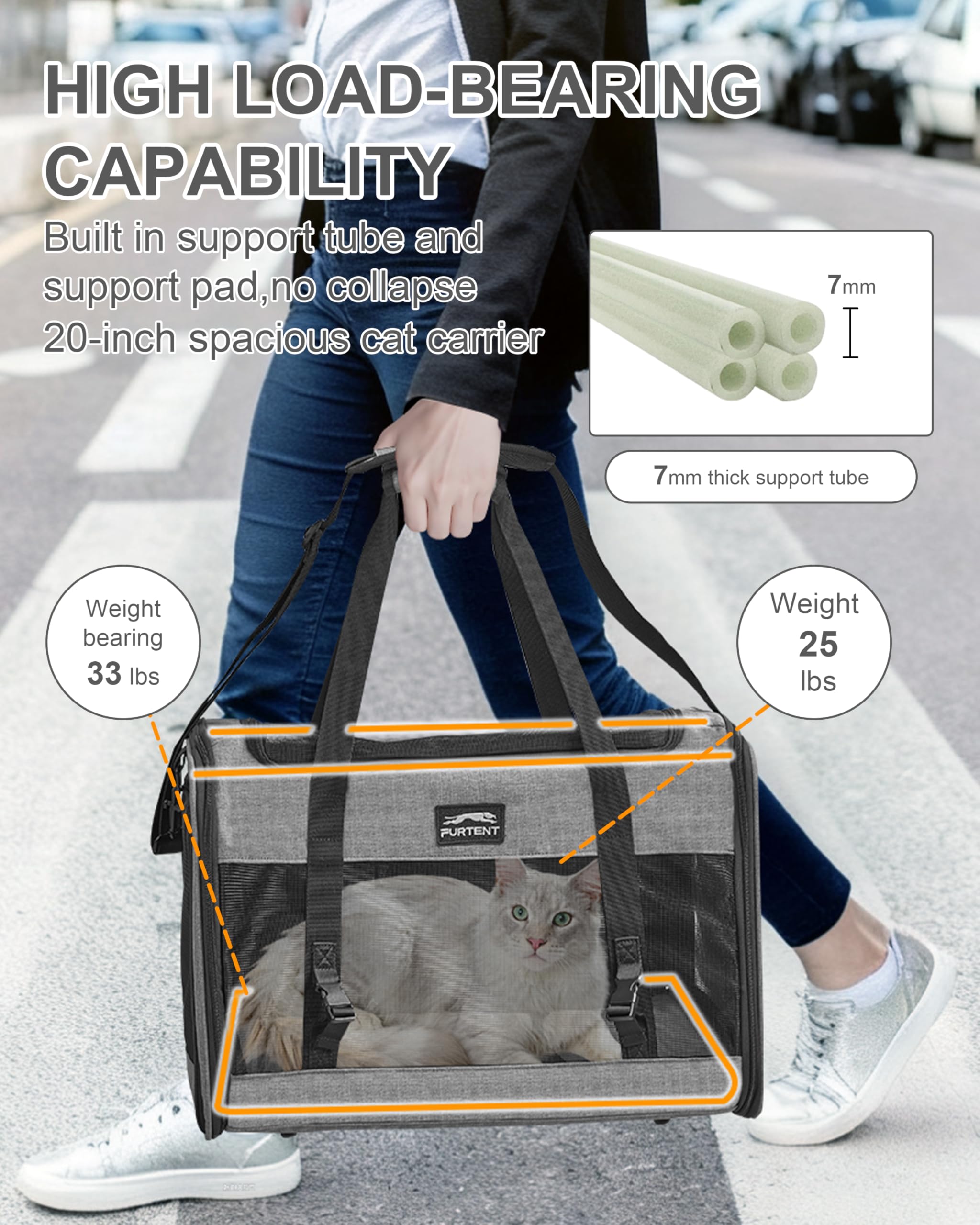 Furtent cat carrier featuring luggage strap for hands-free travel.