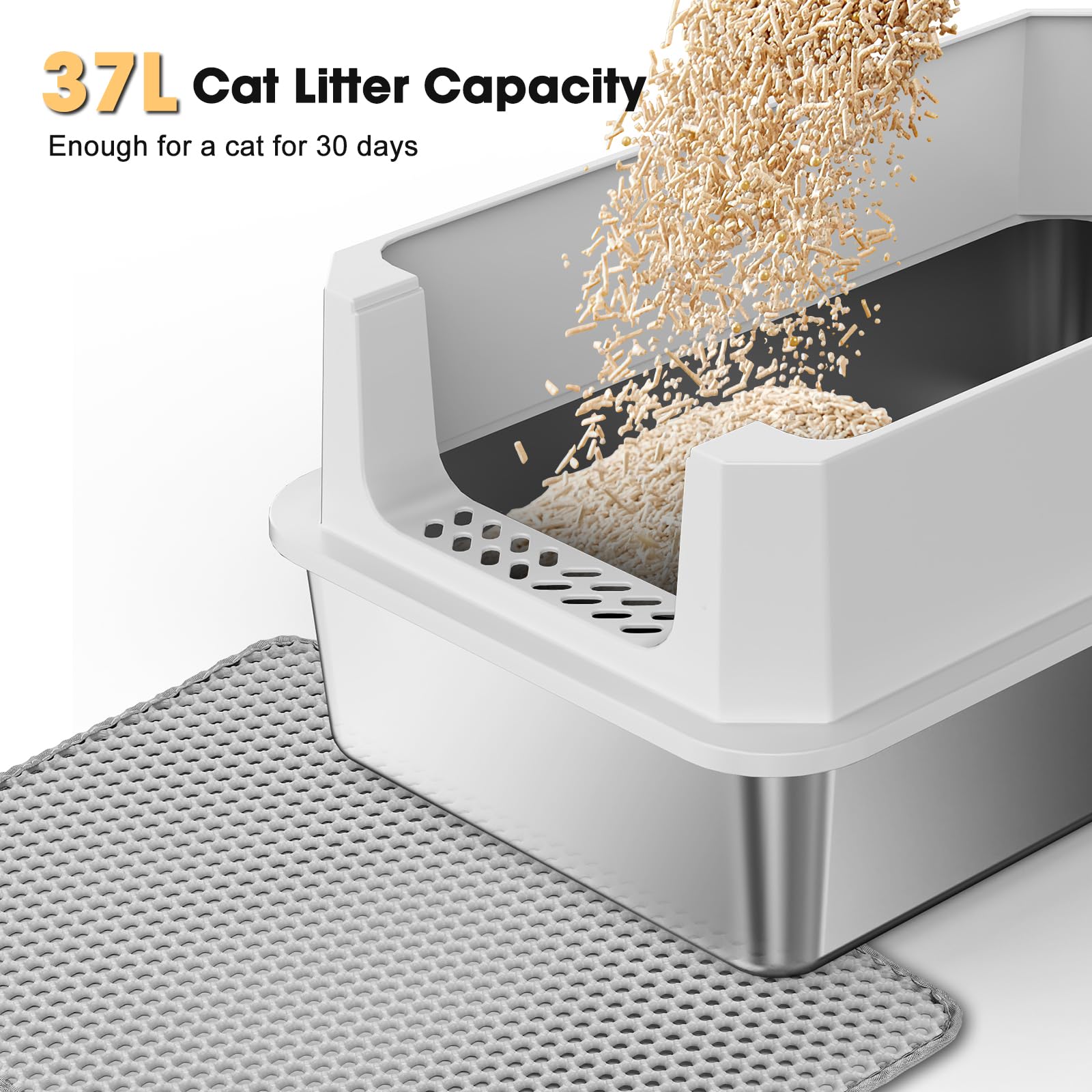FURTIME anti-scatter mat and filter pedal demonstrate cleaner floors.