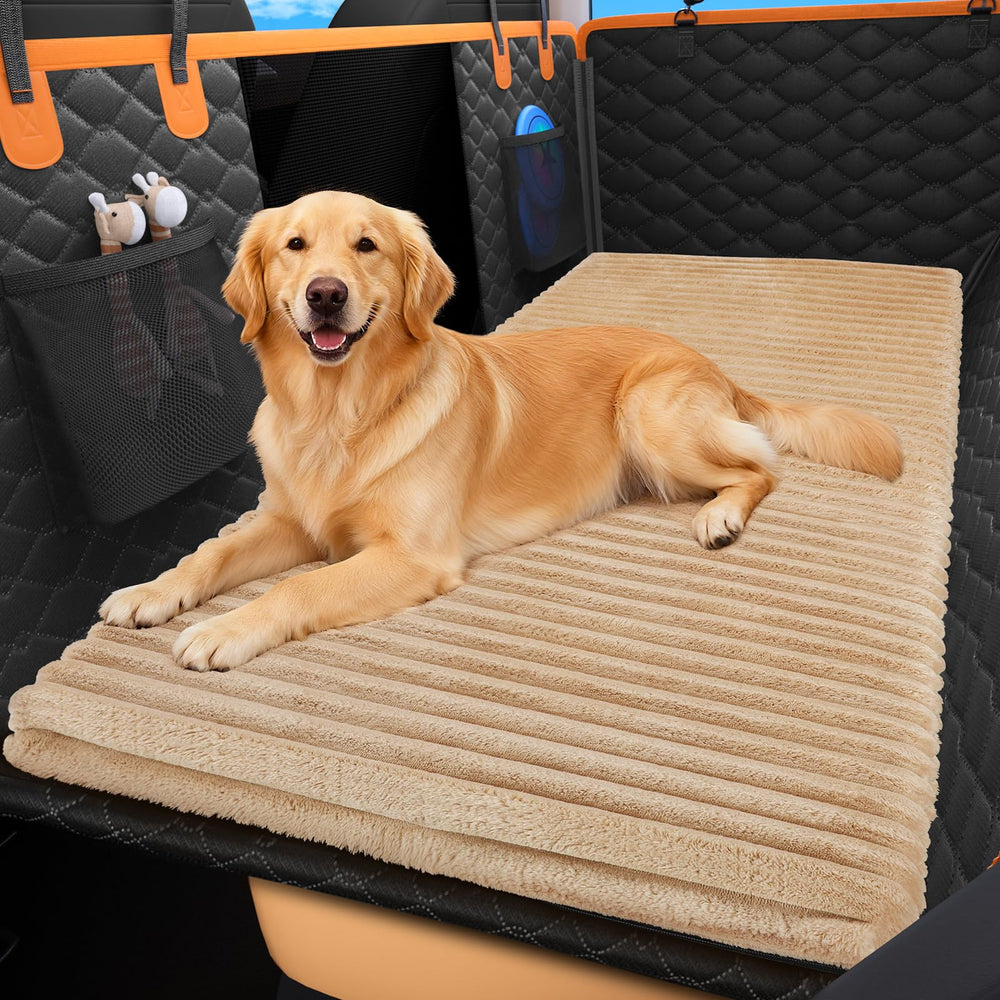 FURTIME backseat pet bed mat with front view showing roomy comfort for car rides.