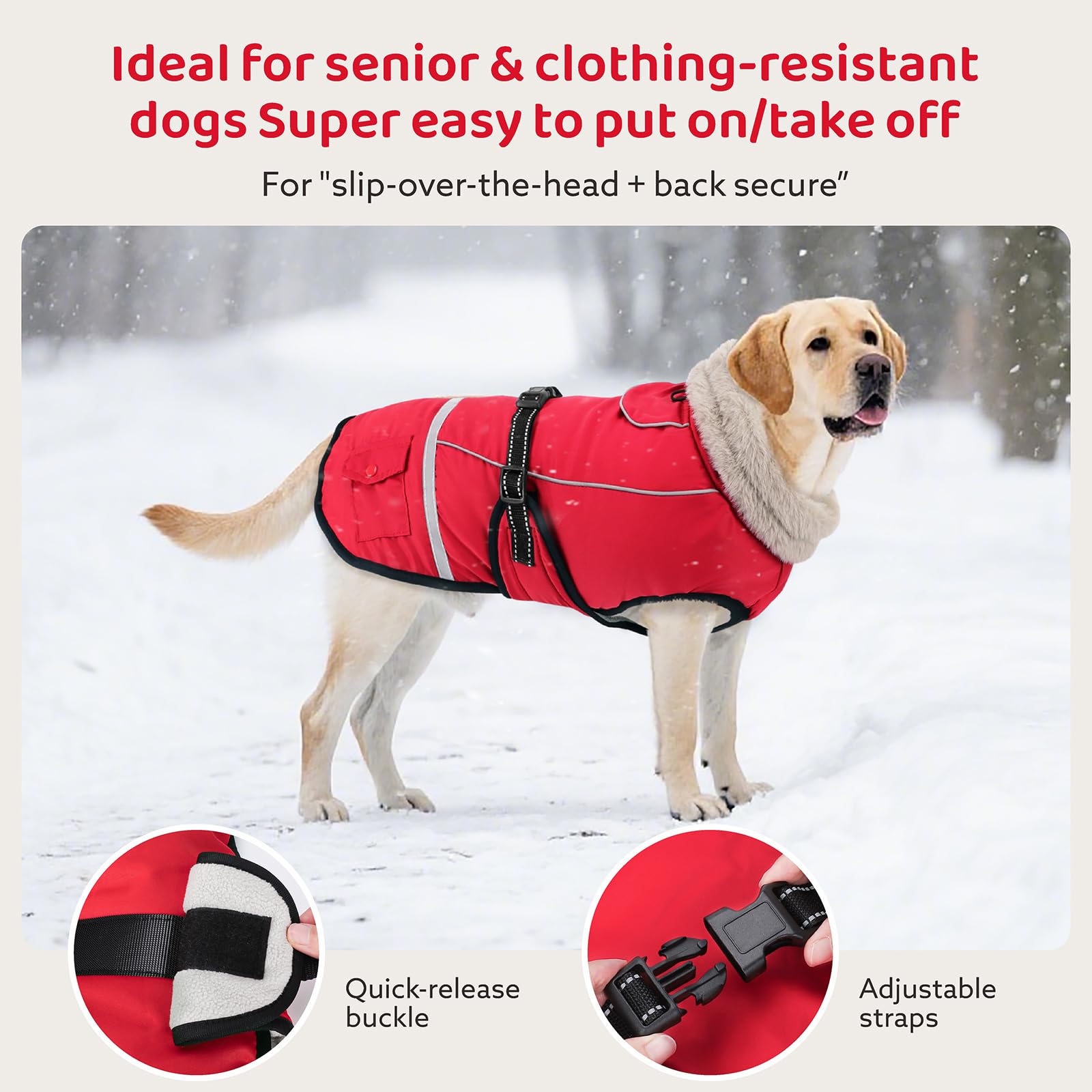 FURTIME dog coat adjustable buckle demonstrates easy on-off and secure fit.