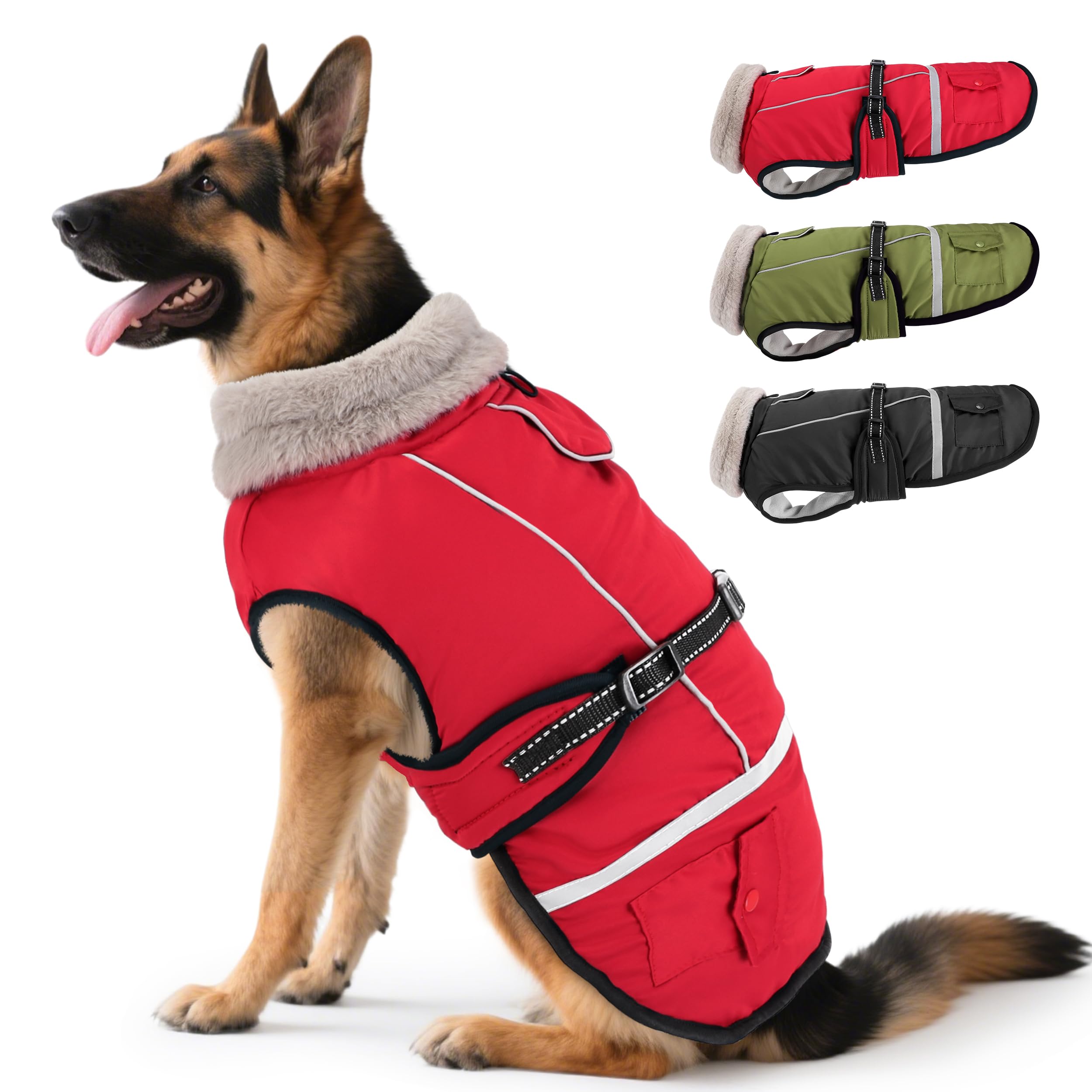 FURTIME dog coat worn on a dog outdoors for warmth in cold weather.