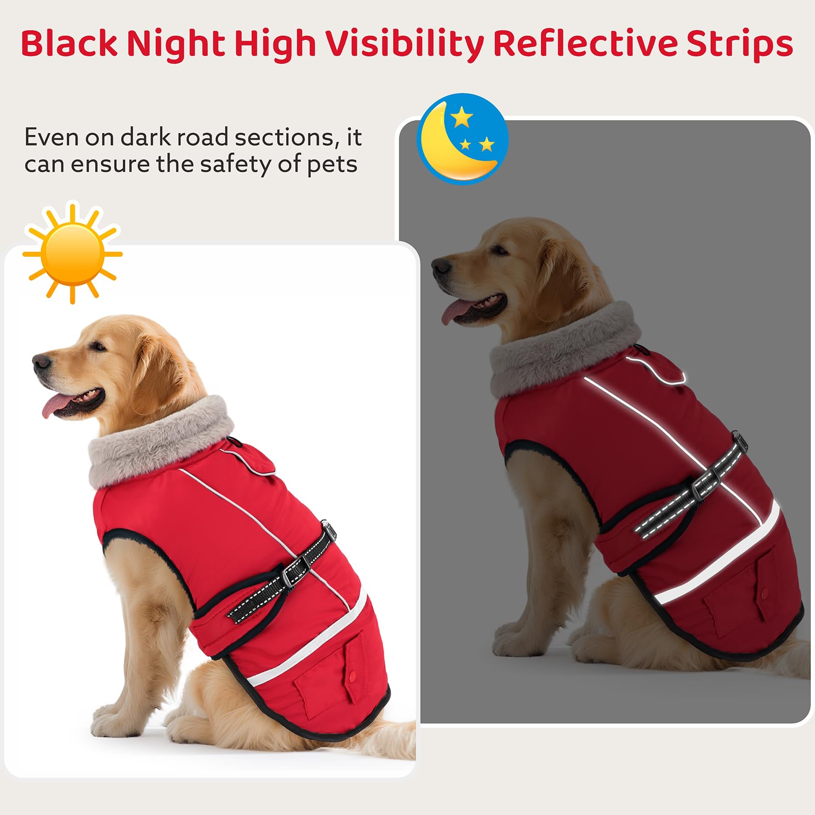 FURTIME leash hole is compatible with most harnesses for secure evening walks.