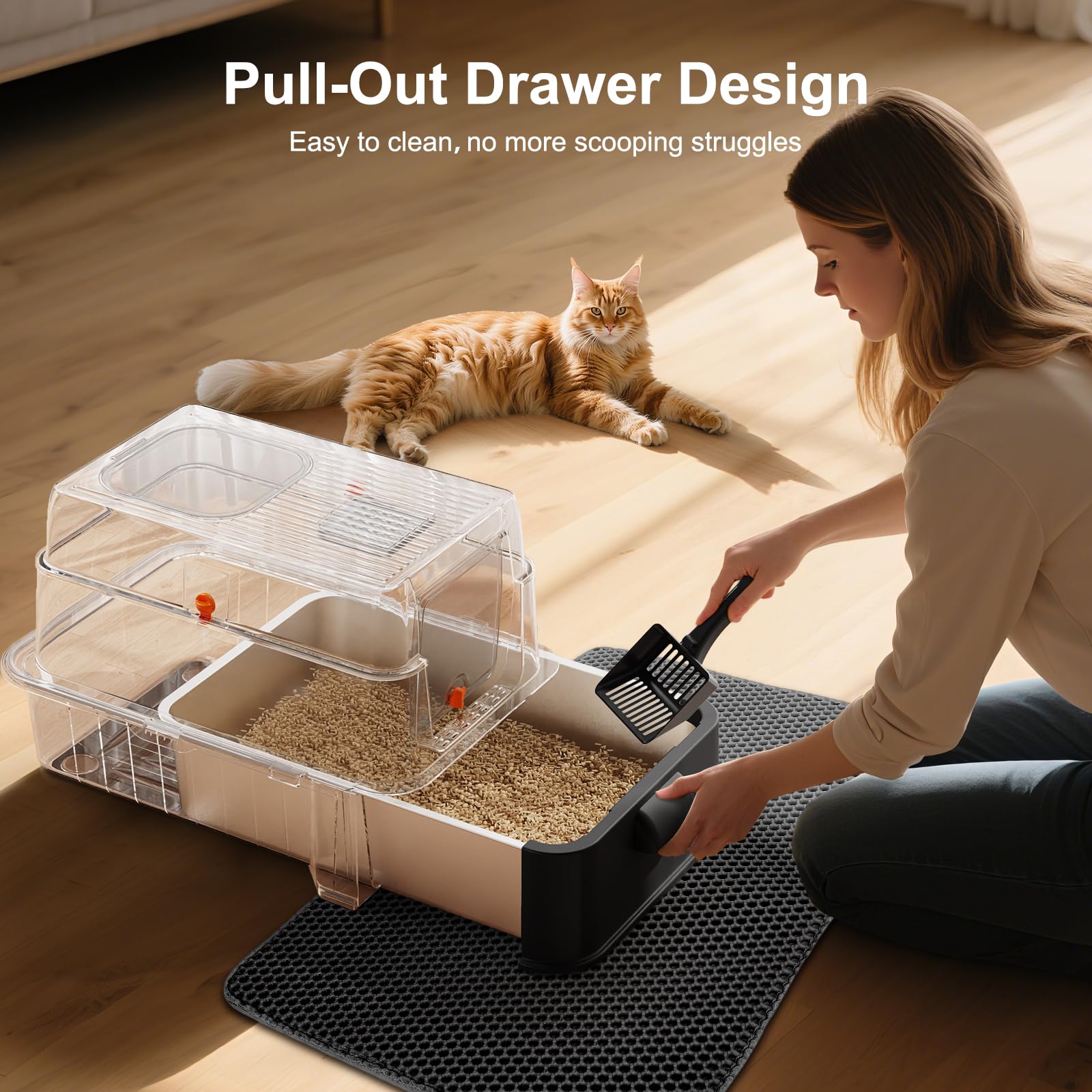 FURTIME front-entry design shows easy access for big cats.