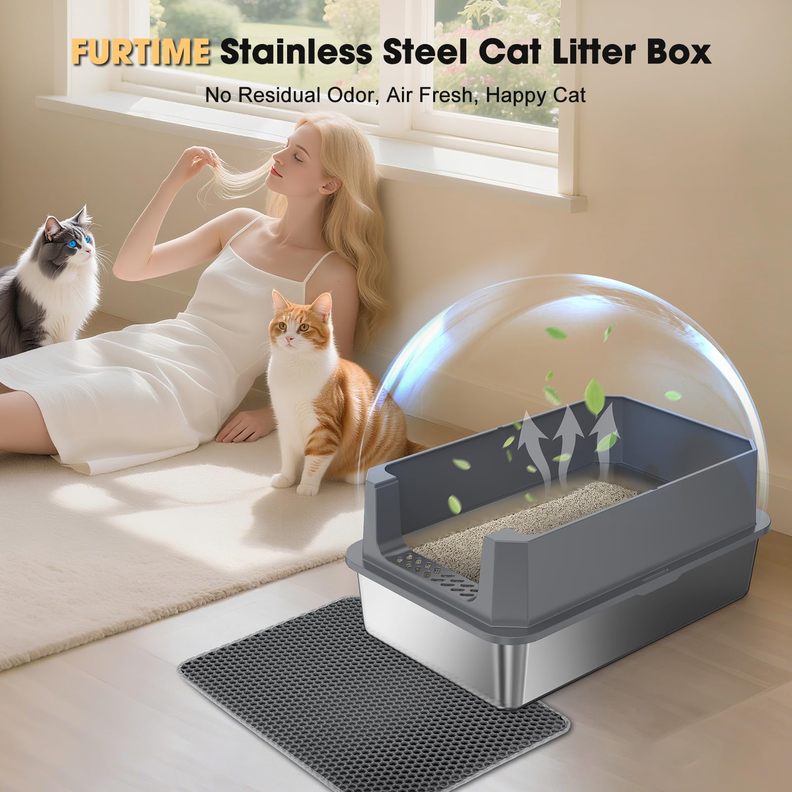 FURTIME litter box size L roomy for large cats and comfy bigger spaces.