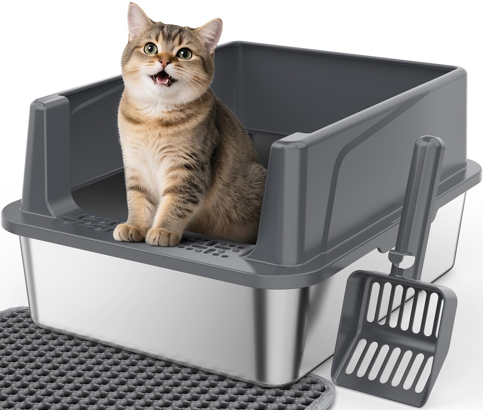 FURTIME stainless steel litter box front view with lid showing private space.