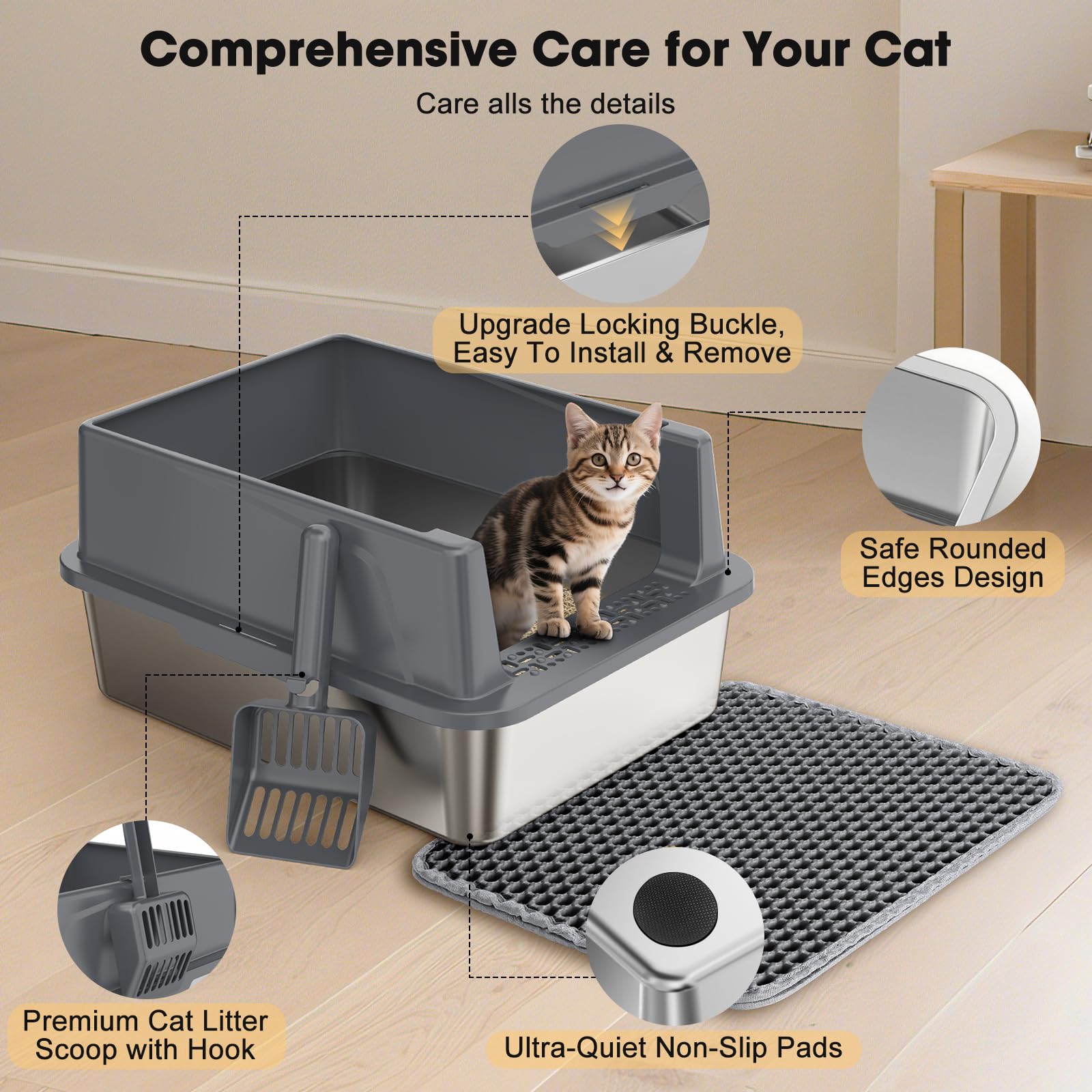 FURTIME stainless steel litter box non-stick surface is easy to clean.