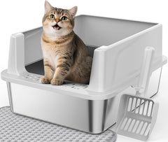 FURTIME stainless steel cat litter box with lid showing durable, easy-to-clean design