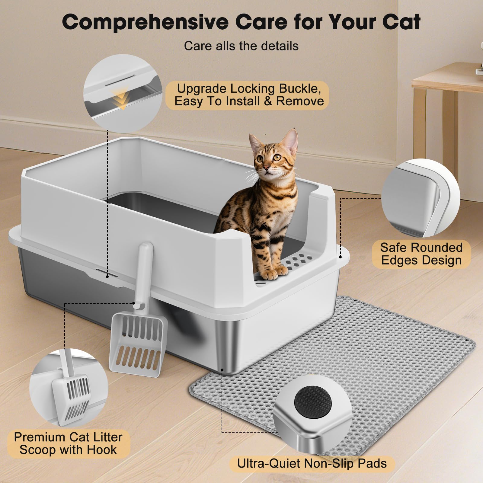 FURTIME stainless steel litter box being rinsed for easy cleaning.