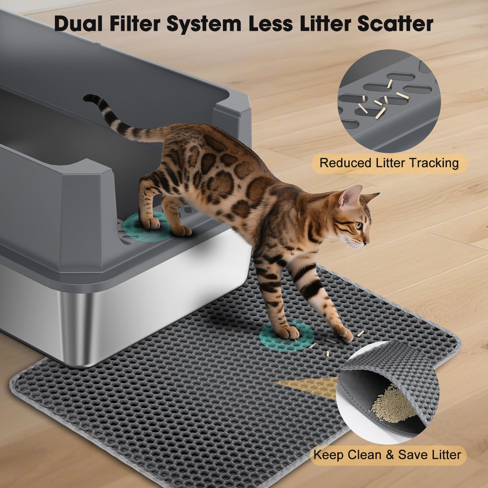 FURTIME stainless-steel litter box high-sides keeps litter contained for calmer kitties.