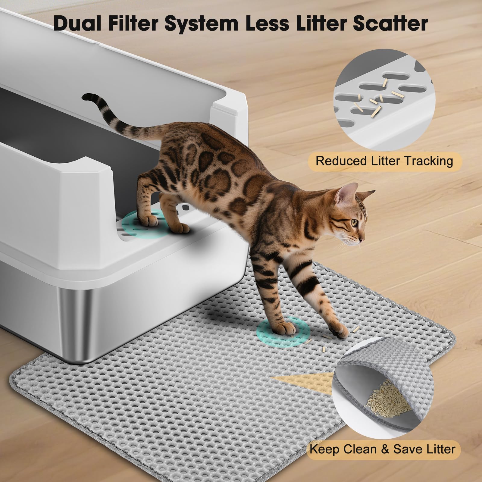 FURTIME stainless-steel litter box inside view showing roomy space for large cats.