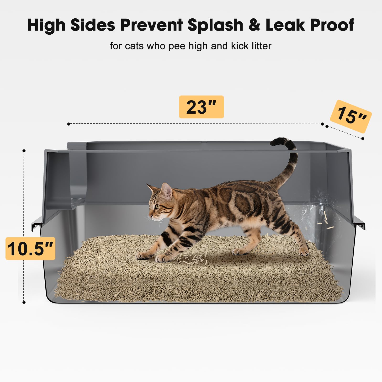 FURTIME stainless-steel litter box non-stick surface cleans quickly and resists odors.