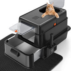 FURTIME stainless-steel litter box with lid XL—enclosed design reduces mess and odors.
