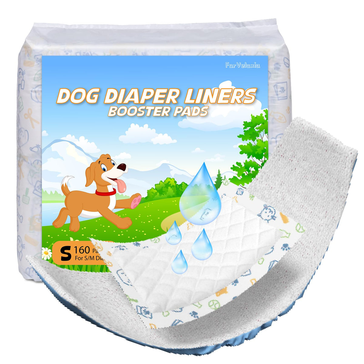 FurVeluxia dog diaper liners packaging front for mess-free daily protection.