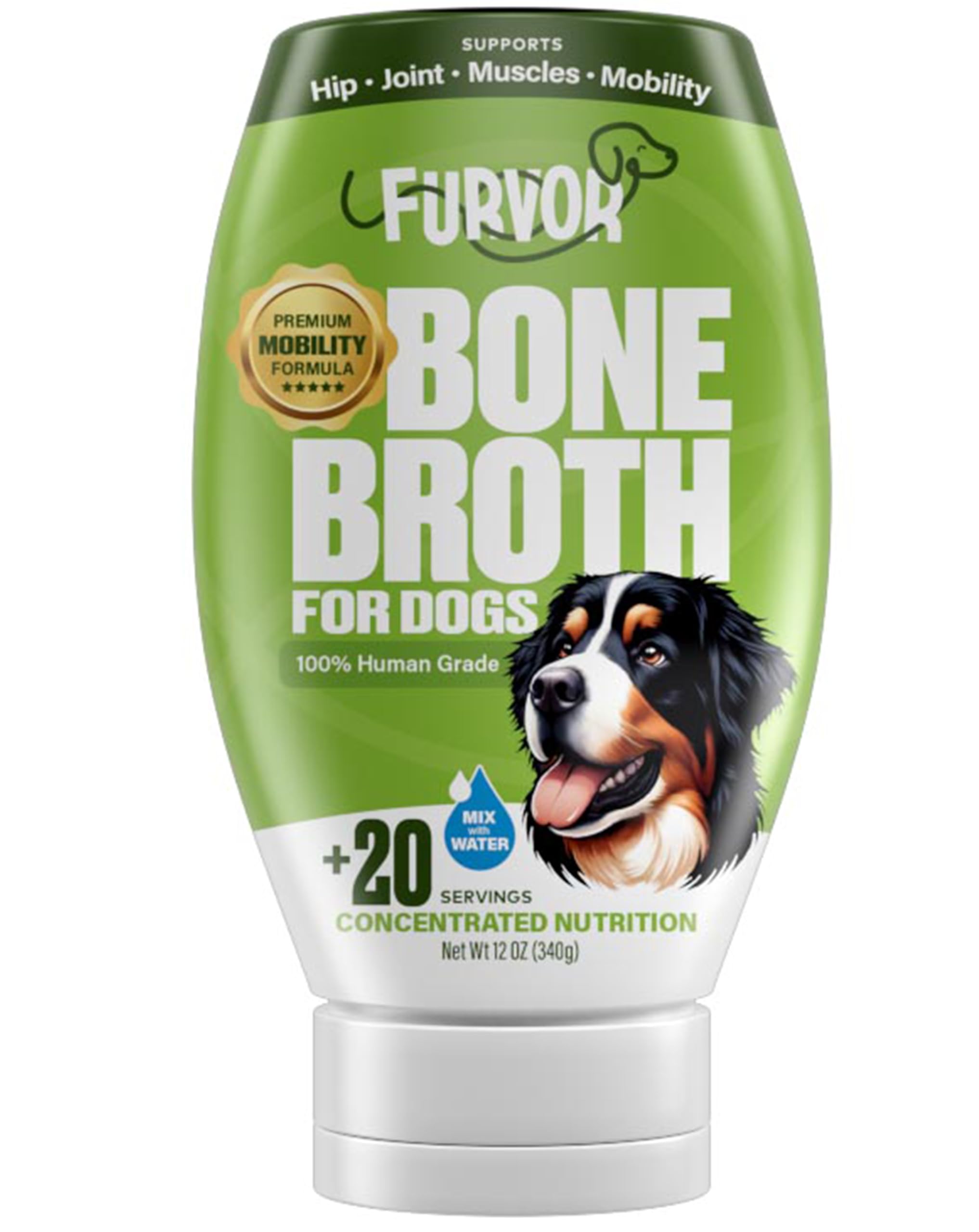 Furvor Beef Mobility Bone Broth concentrate poured over dog kibble for hydration and flavor