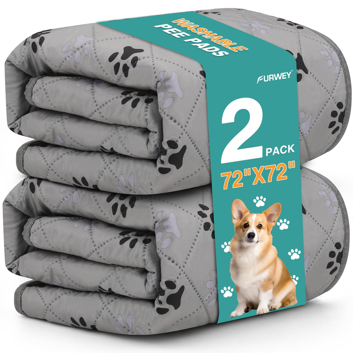 FURWEY pee pad 72x72 pack shows ample coverage for large dogs during house training.