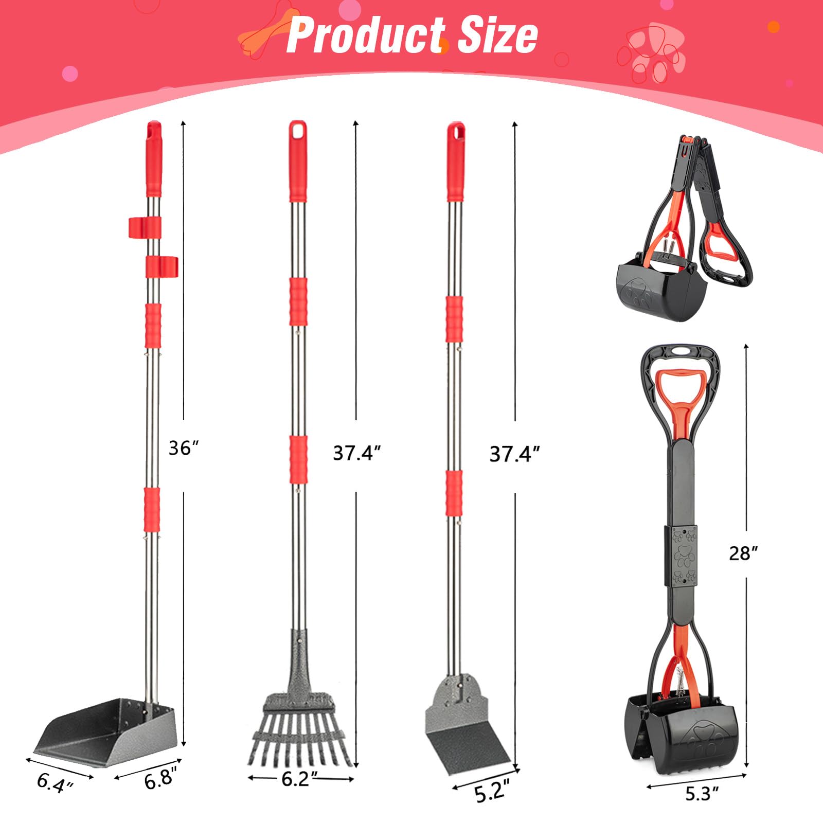 FUSBUNTY stainless steel pooper scooper with rake, tray, and spade for durable setup.