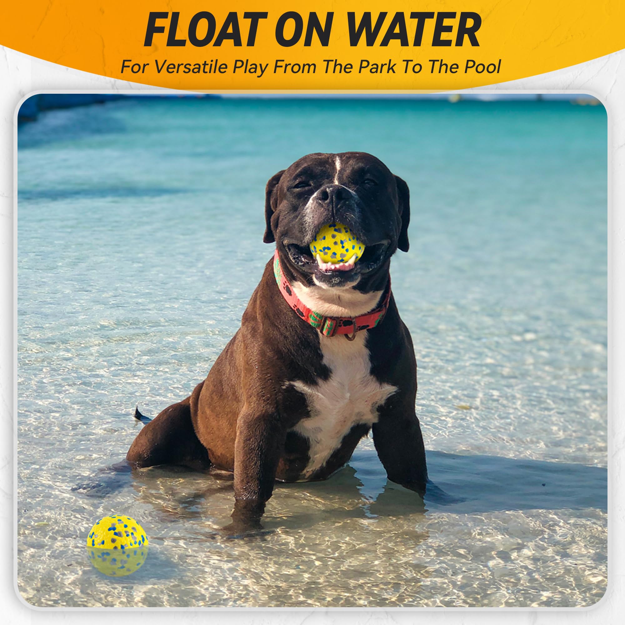 FUSOTO dog ball yellow catch-training view emphasizes one-handed throw and fetch practice.