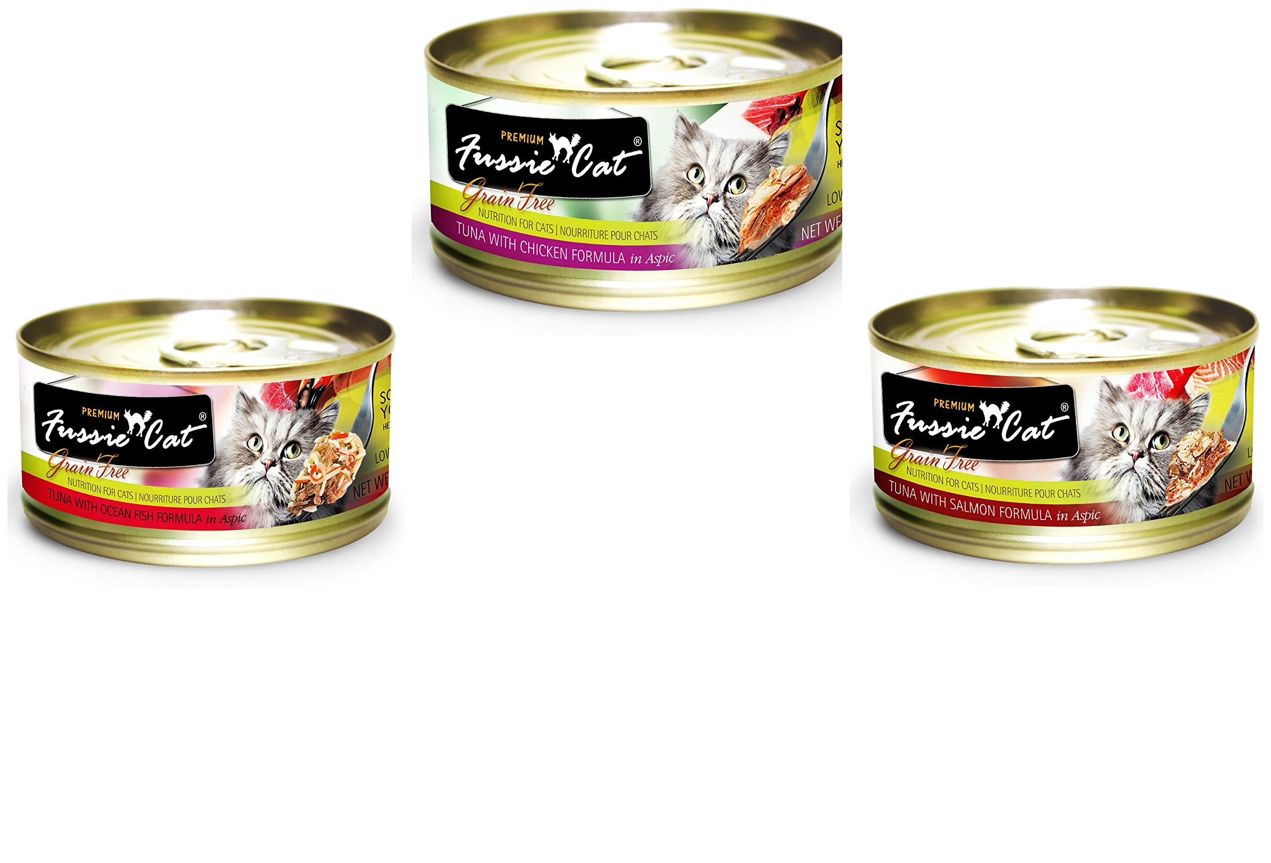 Fussie Cat 12-can variety pack; convenient pantry supply.