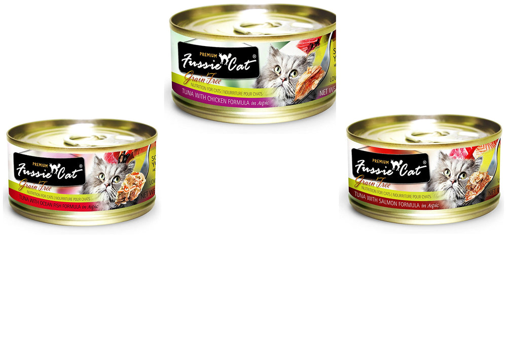 Fussie Cat 12-can variety pack; convenient pantry supply.