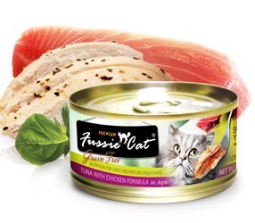 Fussie Cat grain-free formula closeup; easy option for picky eaters.