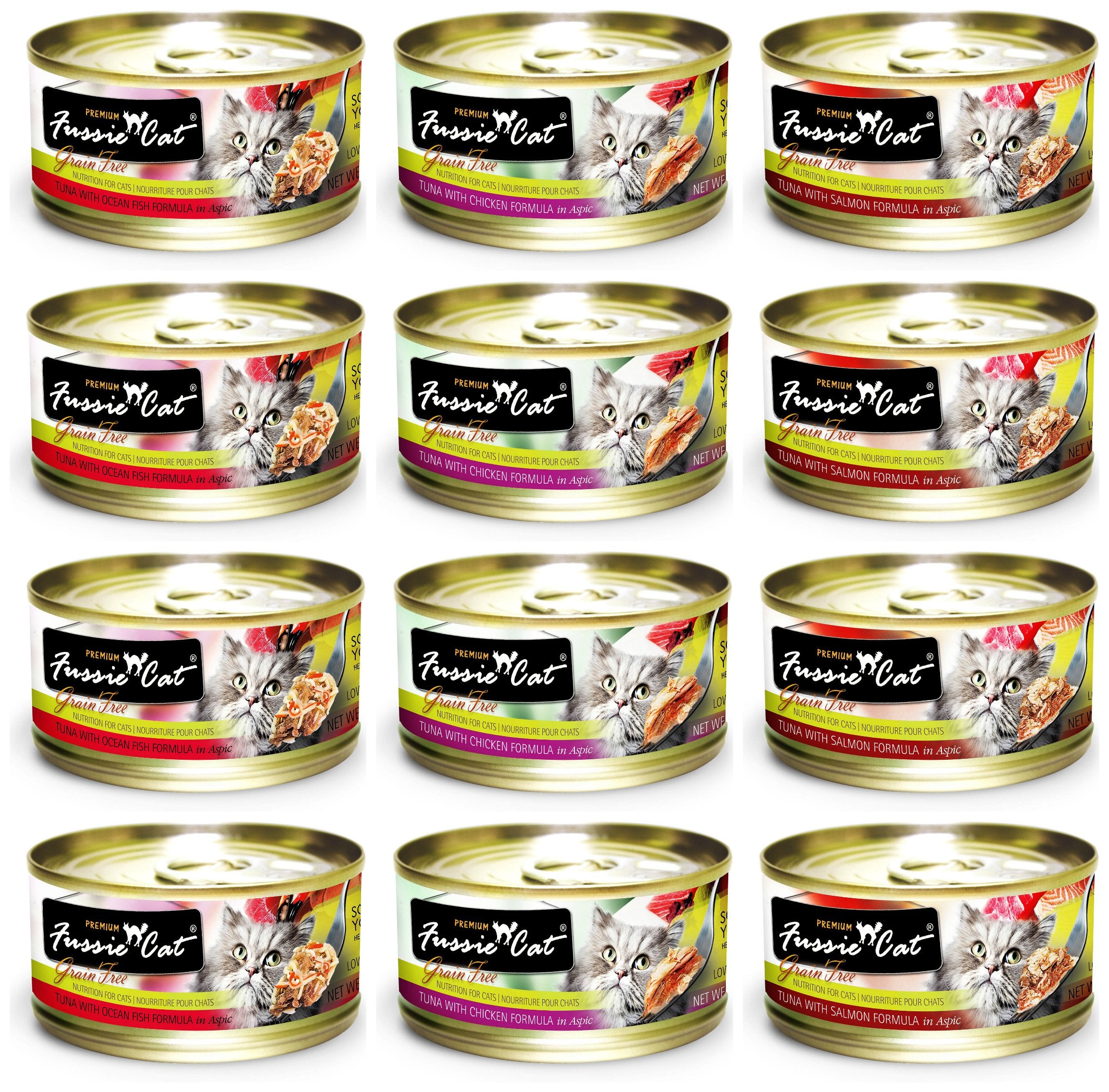 Fussie Cat grain-free canned food collection shows three flavors for rotating meals.