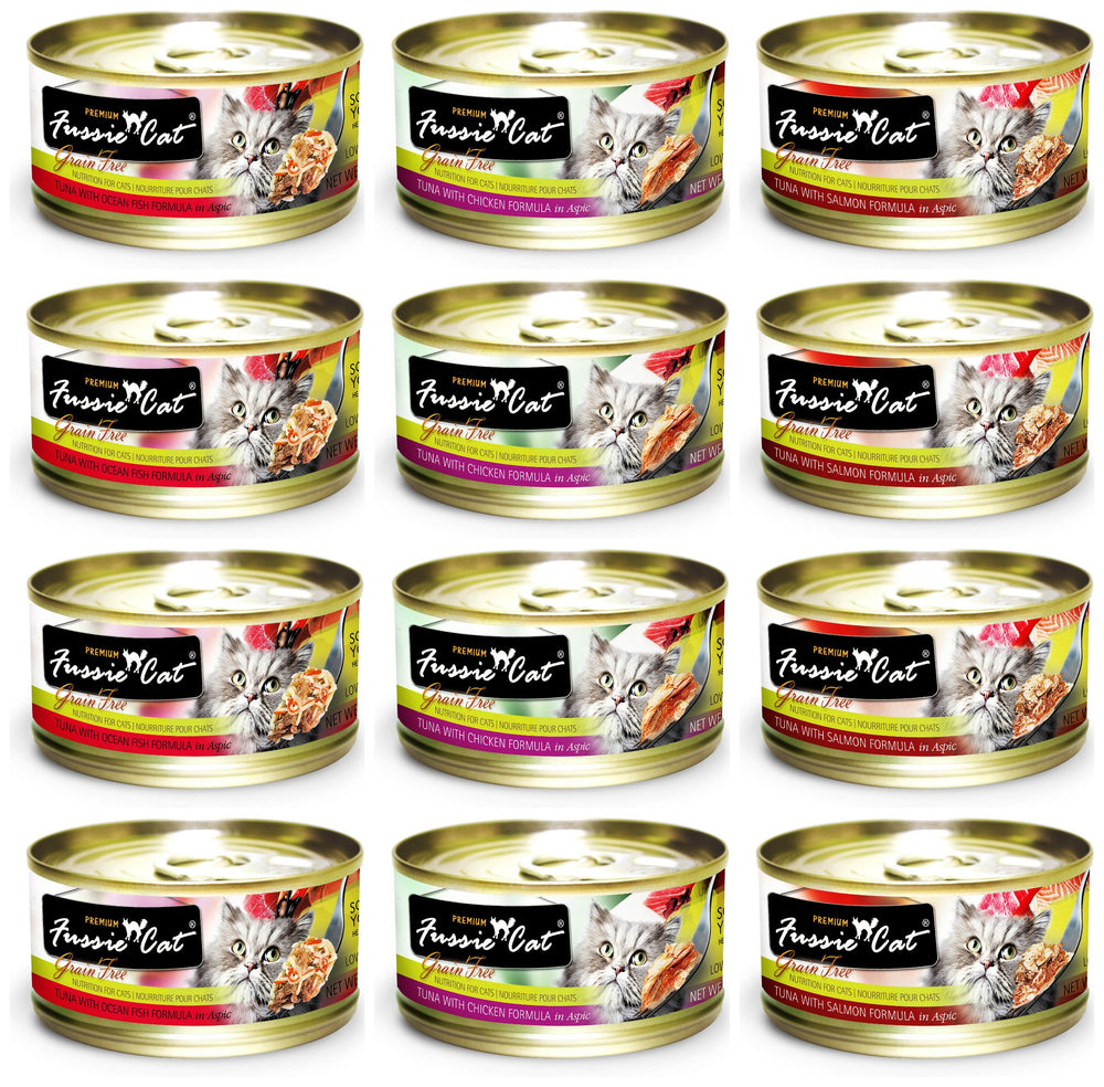Fussie Cat grain-free canned food collection shows three flavors for rotating meals.