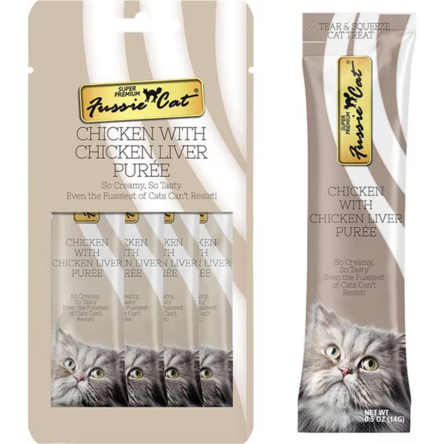 Fussie Cat Premium Puree Cat Enjoying Tube signaling satisfying snacking