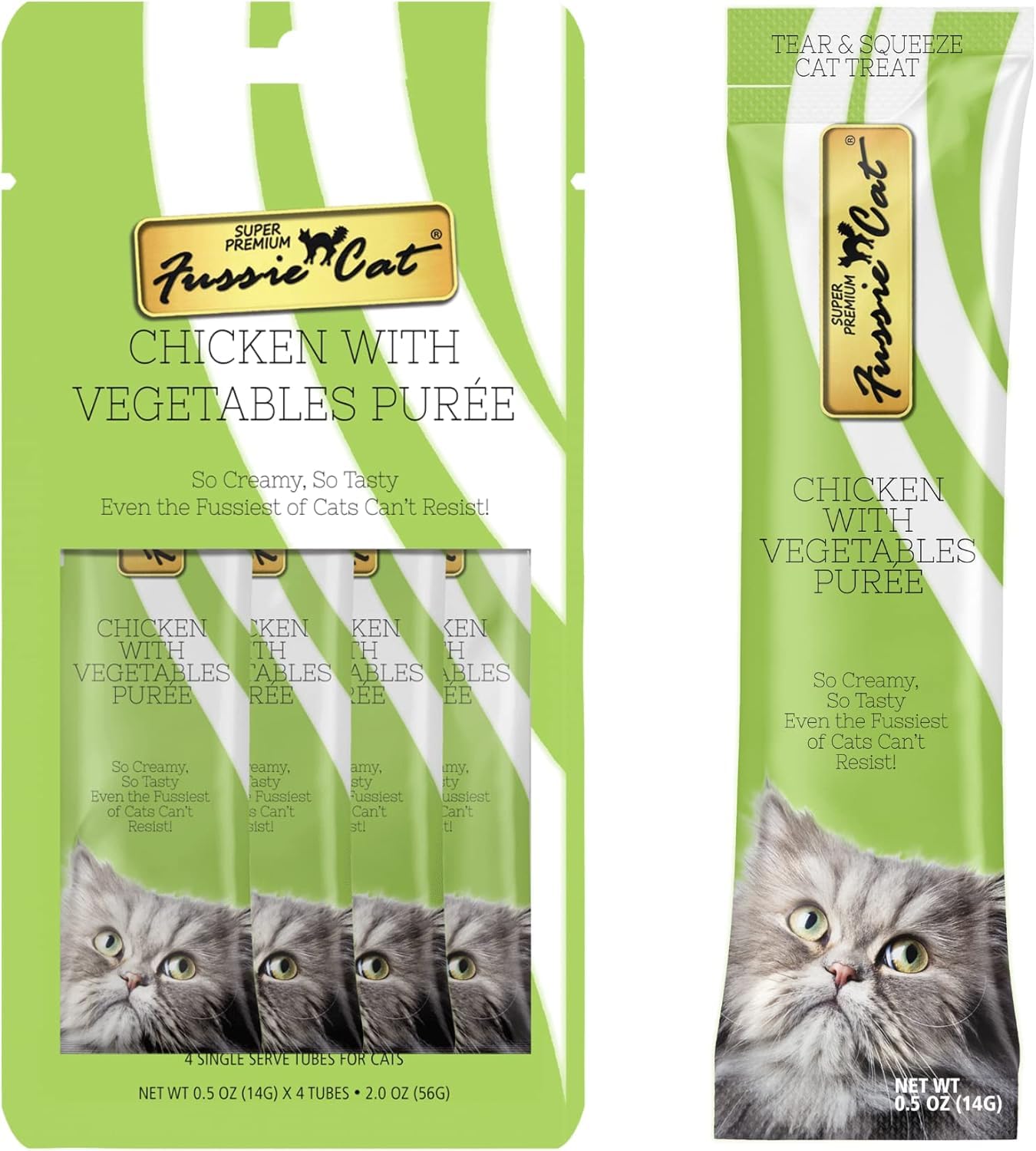 Fussie Cat Premium Puree Packaging with Spoon for tidy serving