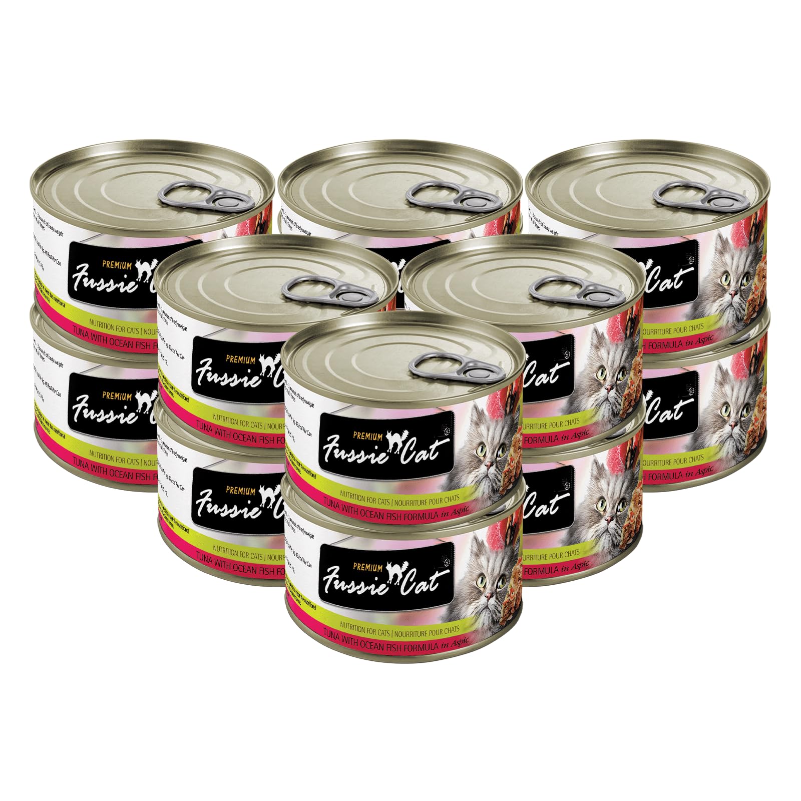 Fussie Cat tuna ocean fish cans—protein-rich wet meals for active cats.
