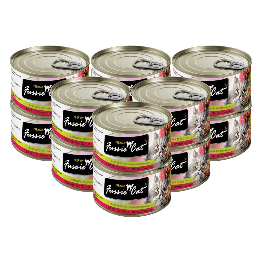 Fussie Cat tuna ocean fish cans—protein-rich wet meals for active cats.